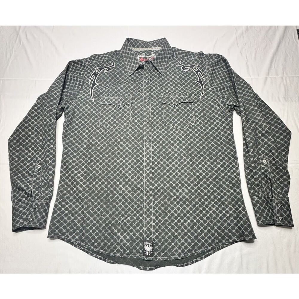 Wrangler Rock 47 Men's LS Black Embroidered Pearl Snap Western Shirt - Size XL